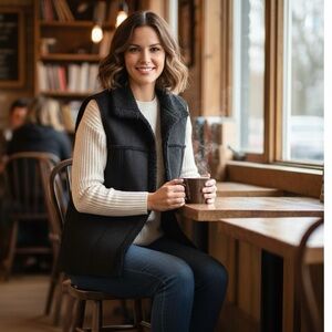 Faded Glory Black Sherpa Vest Stylish and Comfortable Outerwear EUC